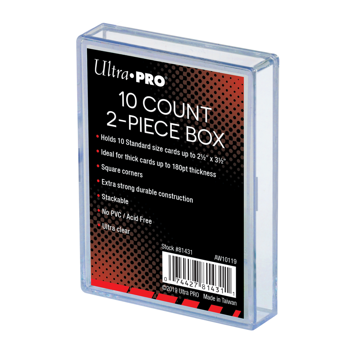 A clear 10-count 2-piece card storage box. Brand: Ultra PRO, Item: 2-Piece Clear 10 Card Storage Box.
