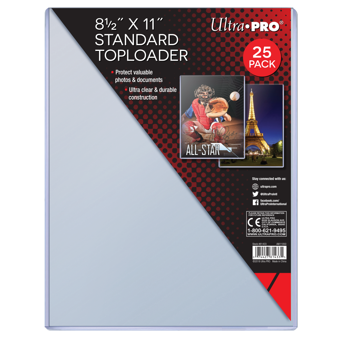 A clear 8-1/2" x 11" Standard Toploader Sleeves (25ct). Brand: Ultra PRO, Item: Standard Toploader.