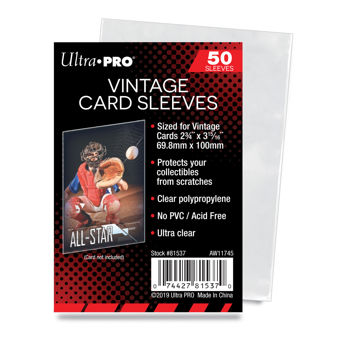 A clear Ultra PRO Vintage Card Sleeves pack. Item: 2-3/4" x 3-15/16" Vintage Card Sleeves.