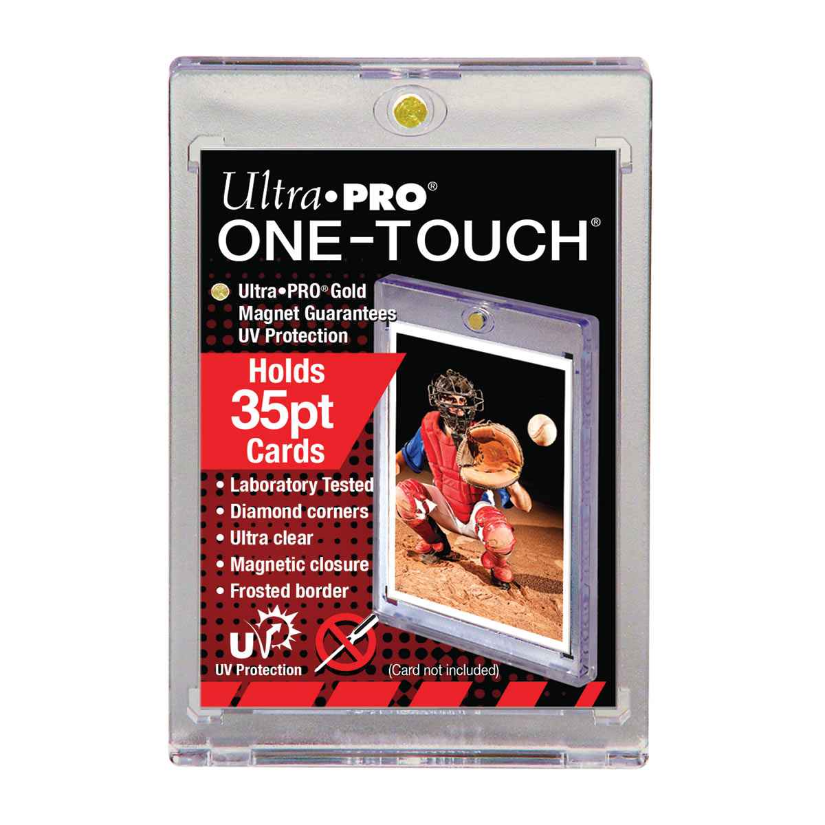 A clear Ultra PRO ONE-TOUCH Magnetic Card Holder. Brand: Ultra PRO, Item: 35PT UV ONE-TOUCH Magnetic Holder.