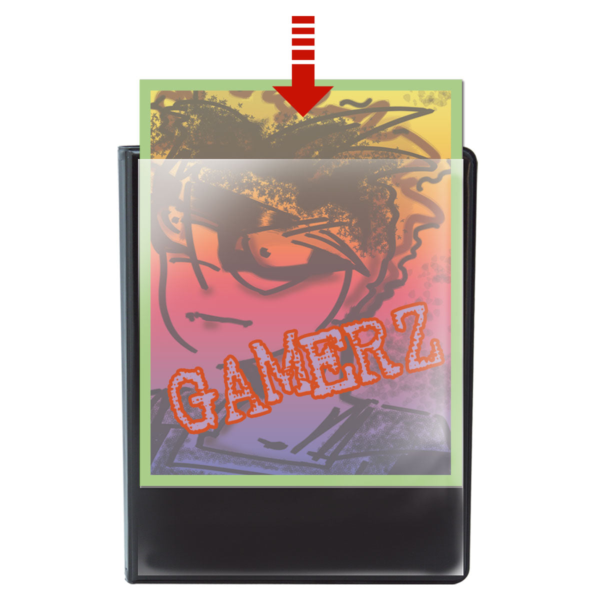 A black portfolio with a custom card insert featuring a stylized anime character and the text "GAMERZ".