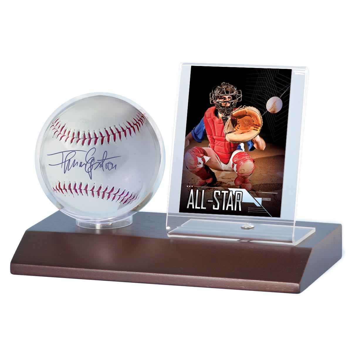 A dark wood display holder for a signed baseball and an "All-Star" baseball card. Brand: Ultra PRO, Item: Baseball & Card Dark Wood Display Holder.