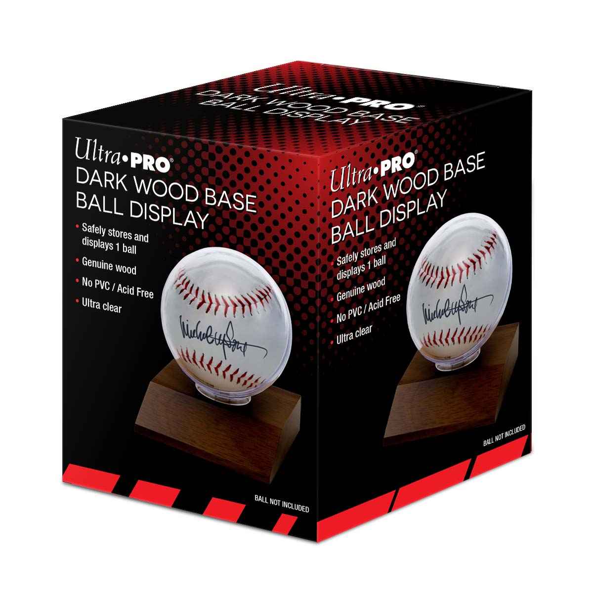 A dark wood baseball display holder. Brand: Ultra PRO, Item: Dark Wood Base Ball Display.