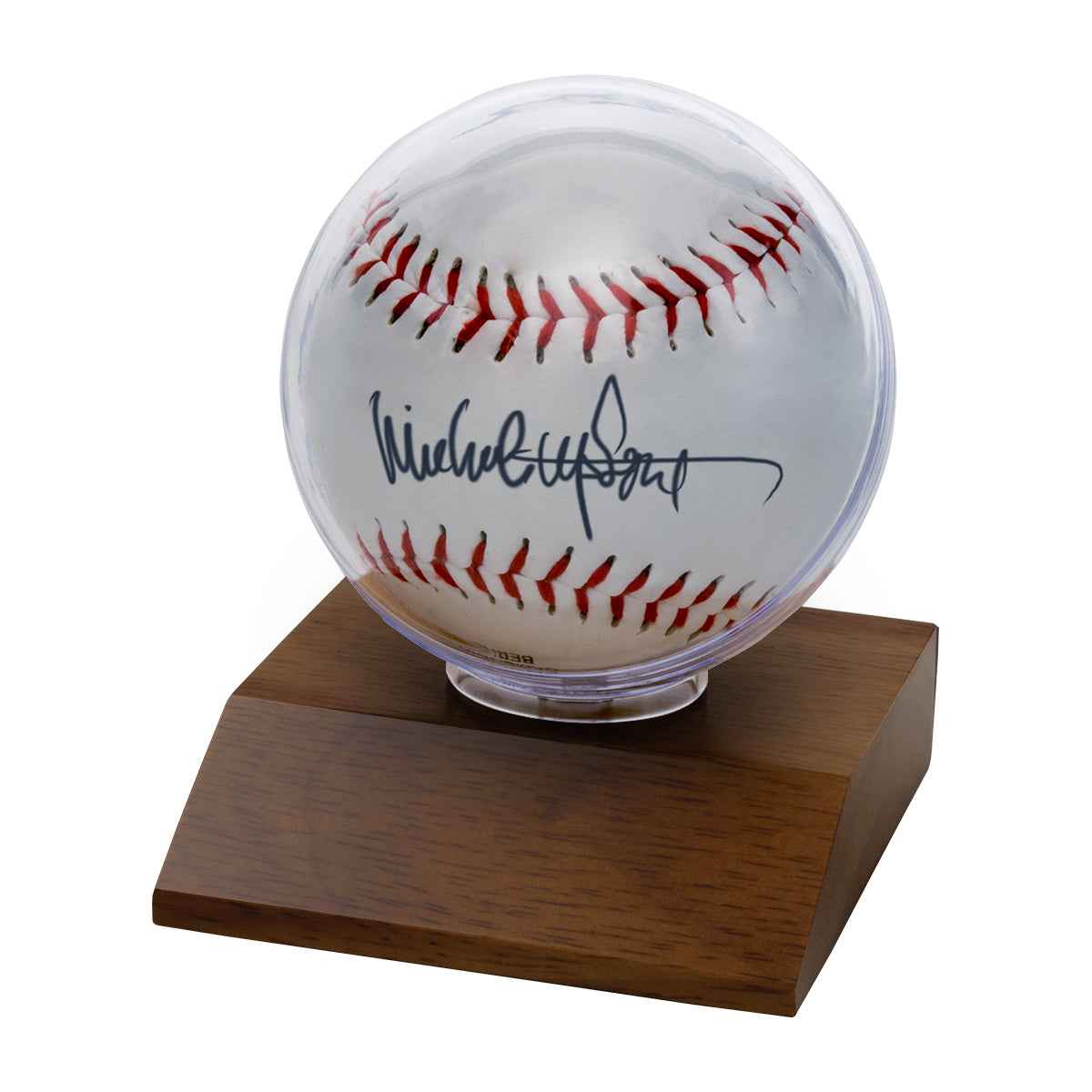 A White Baseball with Autograph on a Dark Wood Base Display Holder. Brand: Ultra PRO, Item: Baseball Dark Wood Base Display Holder.