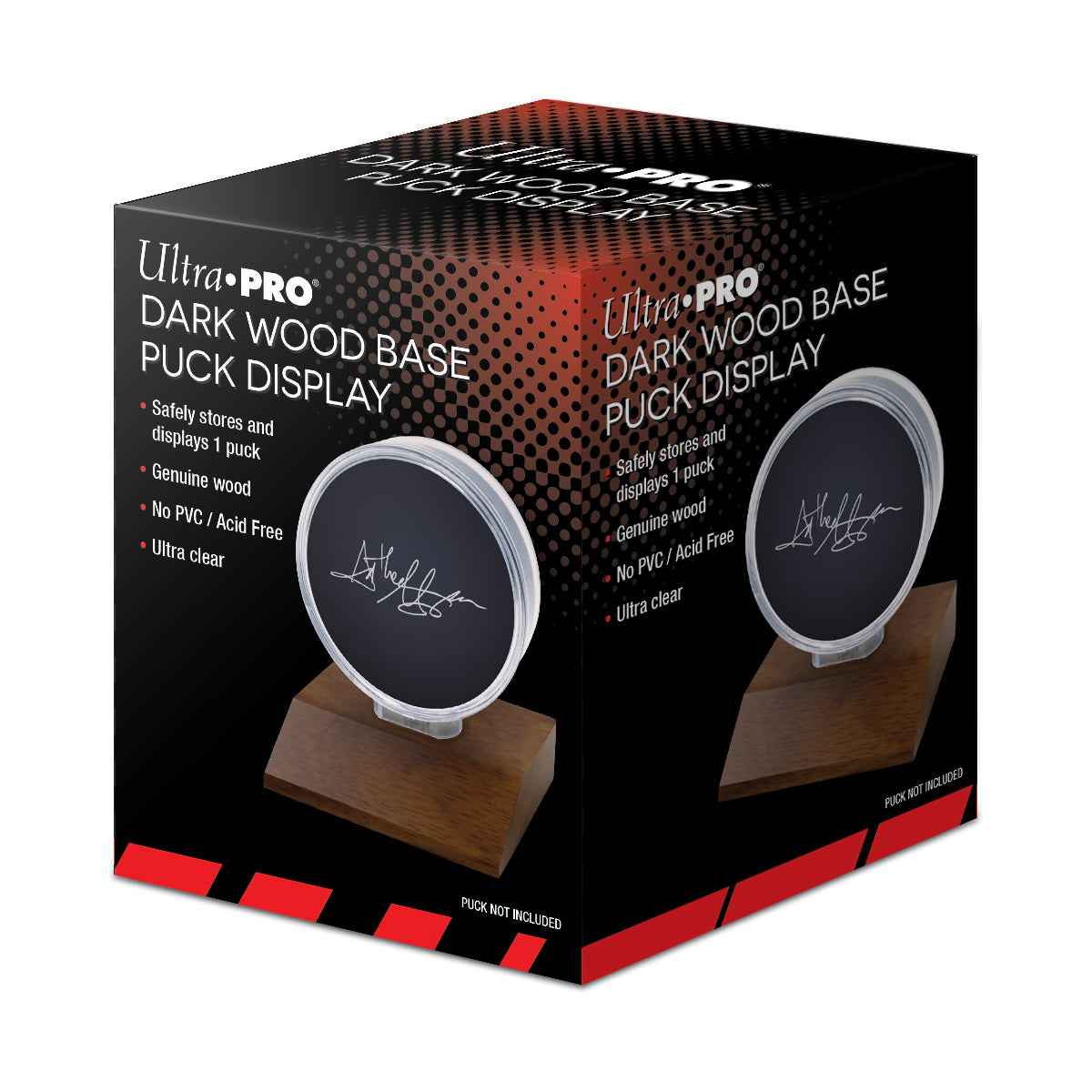 A Dark Wood Hockey Puck Display Holder. Brand: Ultra Pro, Item: Dark Wood Base Puck Display.