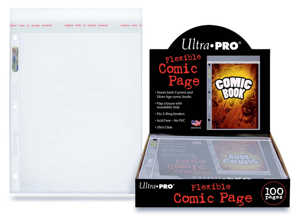 A clear flexible comic page protector. Brand: Ultra PRO, Item: Flexible Current and Silver Age Size Comic Pages (100ct).