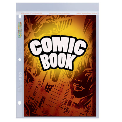A clear plastic comic book page protector. Brand: Ultra Pro, Item: Flexible Current and Silver Age Size Comic Pages (100ct).