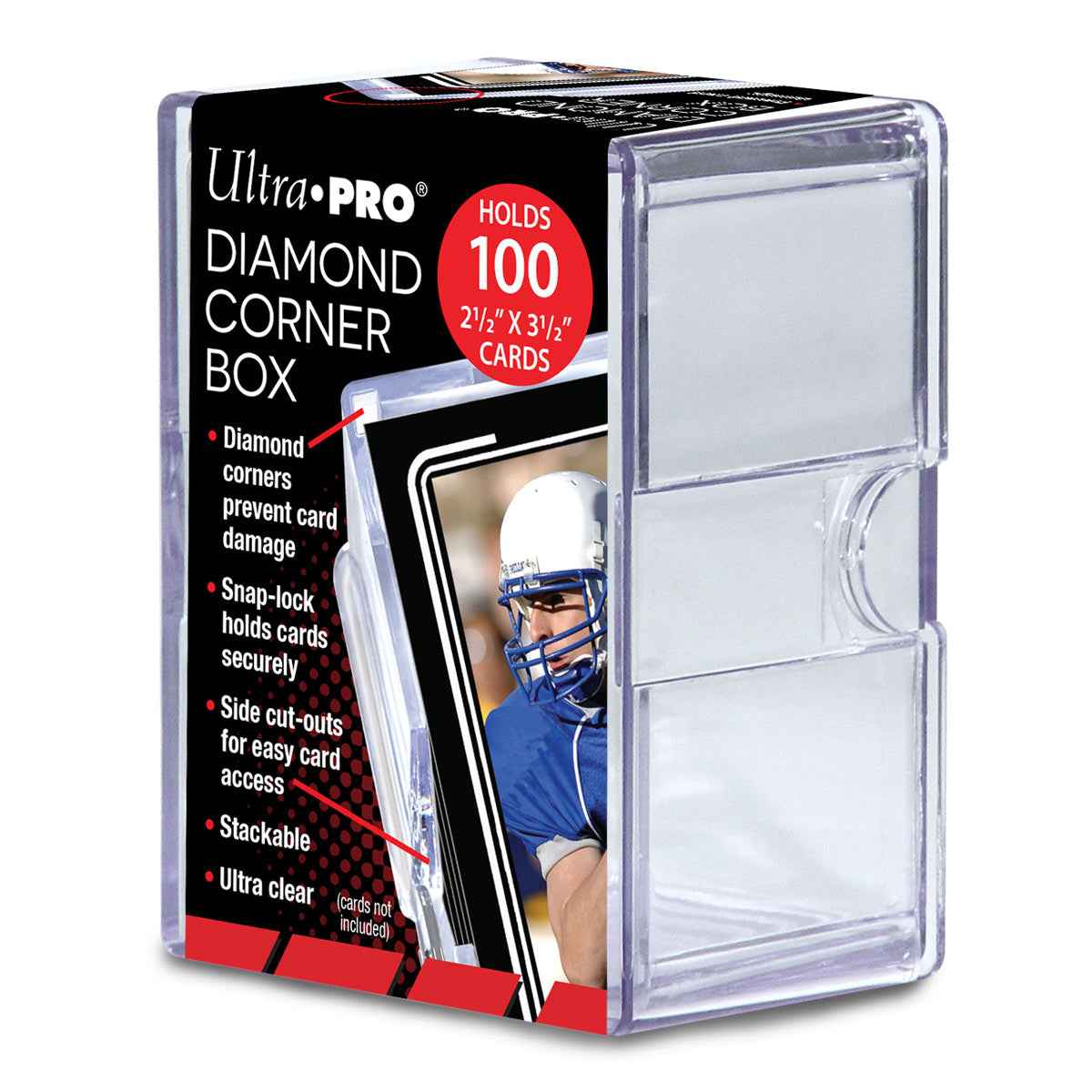 A clear Diamond Corner 100+ Card Storage Box. Brand: Ultra PRO, Item: Diamond Corner Box.