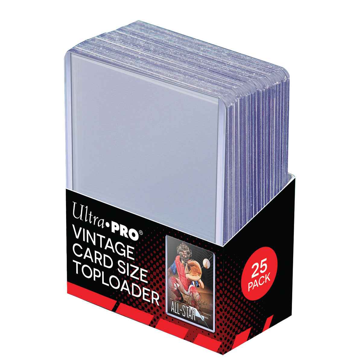 A stack of clear Ultra PRO Vintage Card Size Toploader sleeves in a black and red box. Brand: Ultra PRO, Item: 2-5/8" x 3-3/4" Vintage Card Size TOPLOADER® Sleeves (25ct)