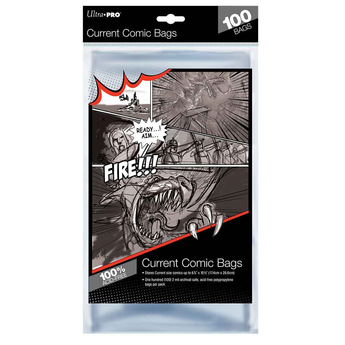 A clear plastic comic bag packaging. Brand: Ultra PRO, Item: Current Size Comic Bags (100ct).