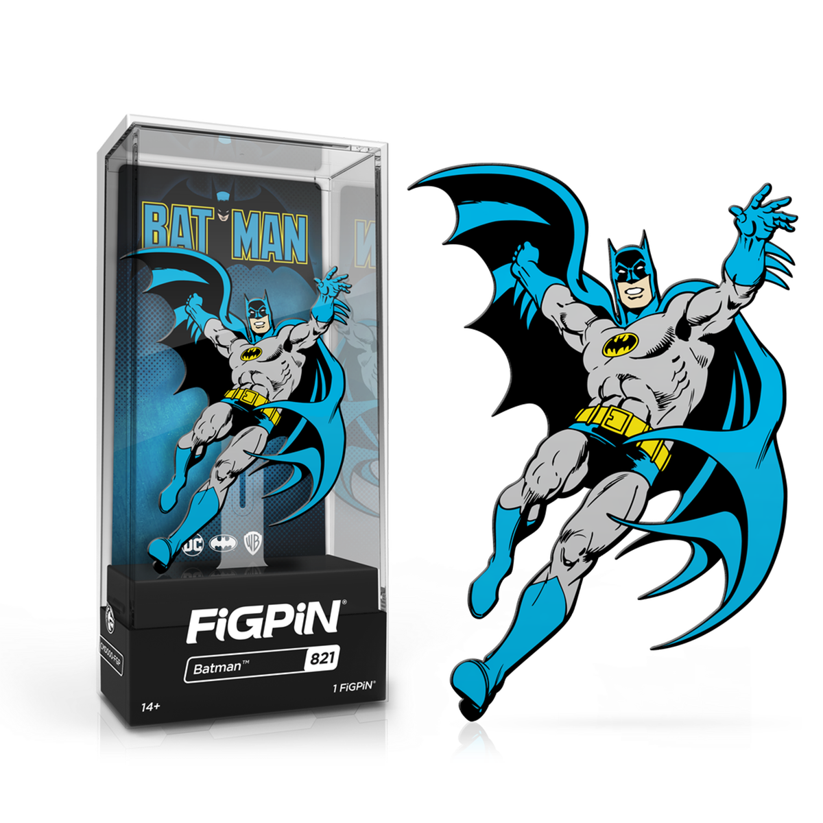 A classic Batman FiGPiN collectible in its display case. Brand: FiGPiN, Item: Batman
