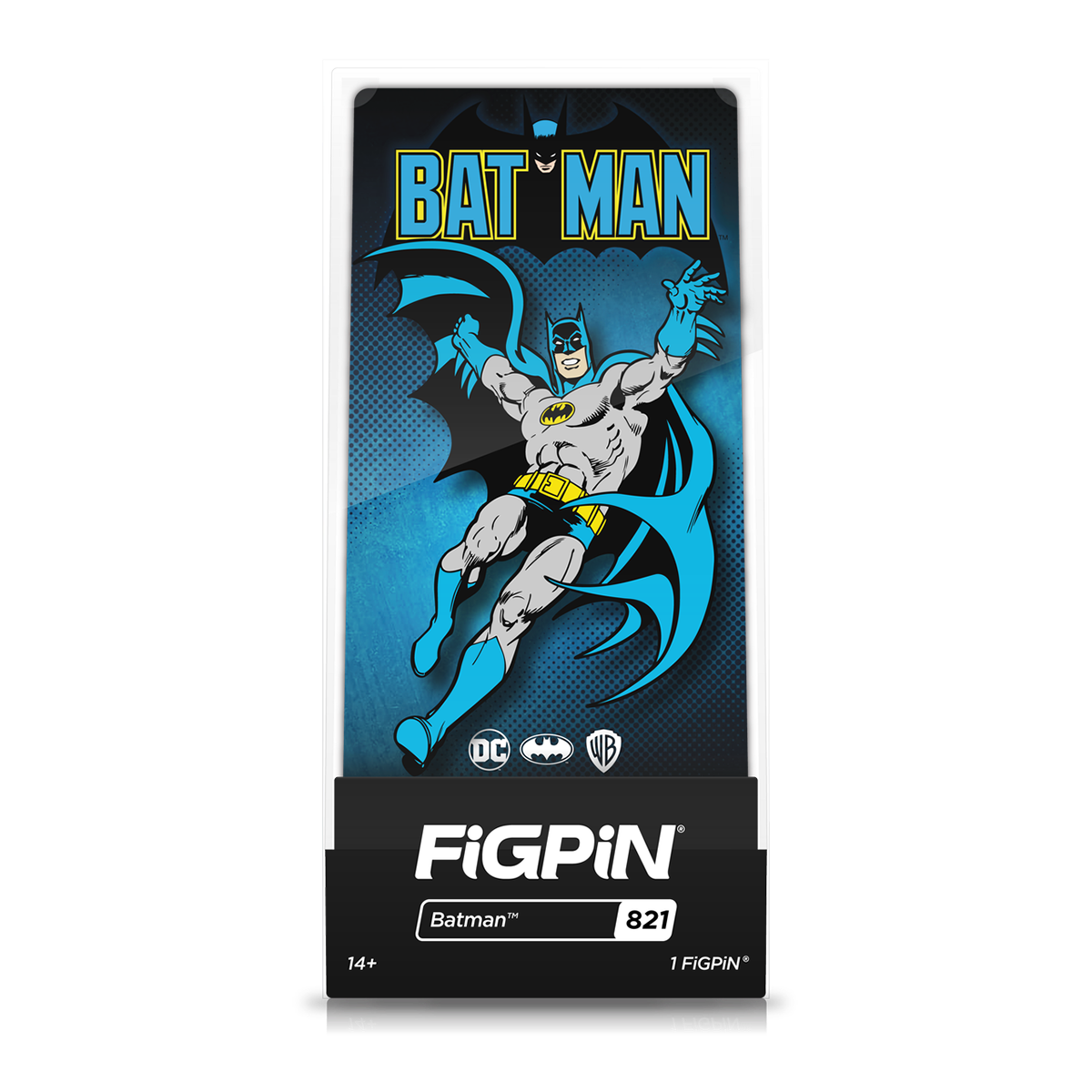 A collectible FiGPiN of Batman in his classic gray and blue costume, with the "BAT MAN" logo above him. Brand: FiGPiN, Item: Batman 821.