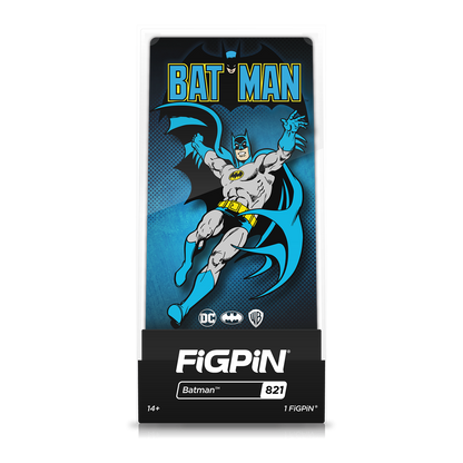 A collectible FiGPiN of Batman in his classic gray and blue costume, with the "BAT MAN" logo above him. Brand: FiGPiN, Item: Batman 821.