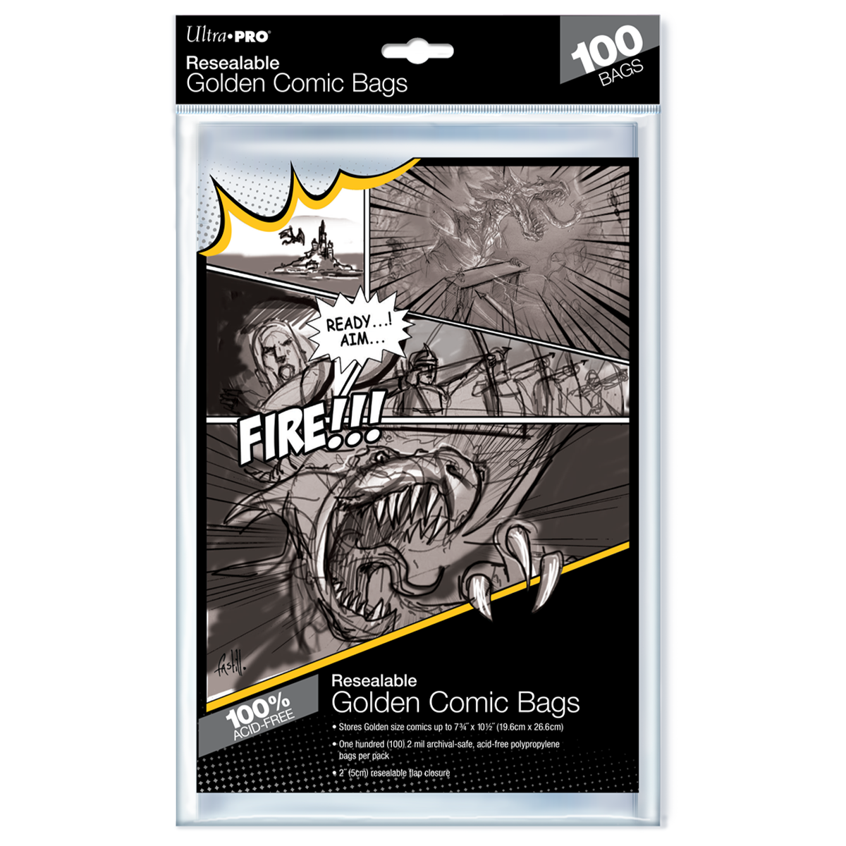 A clear resealable comic bag. Brand: Ultra PRO, Item: Golden Age Size Resealable Comic Bags (100ct).