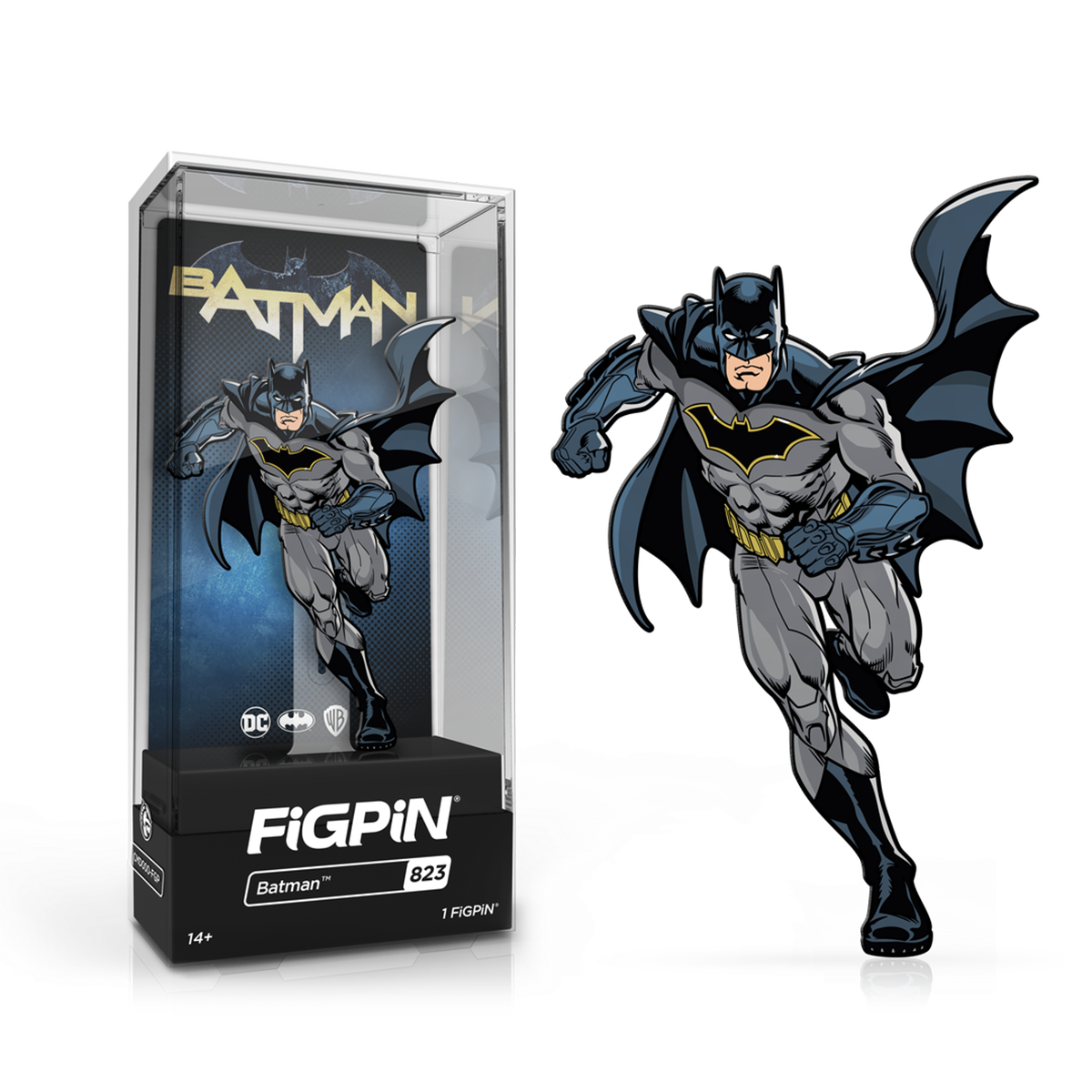 A gray and blue Batman FiGPiN collectible in its display case. Brand: FiGPiN, Item: Batman 2