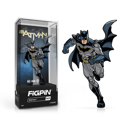 A gray and blue Batman FiGPiN collectible in its display case. Brand: FiGPiN, Item: Batman 2