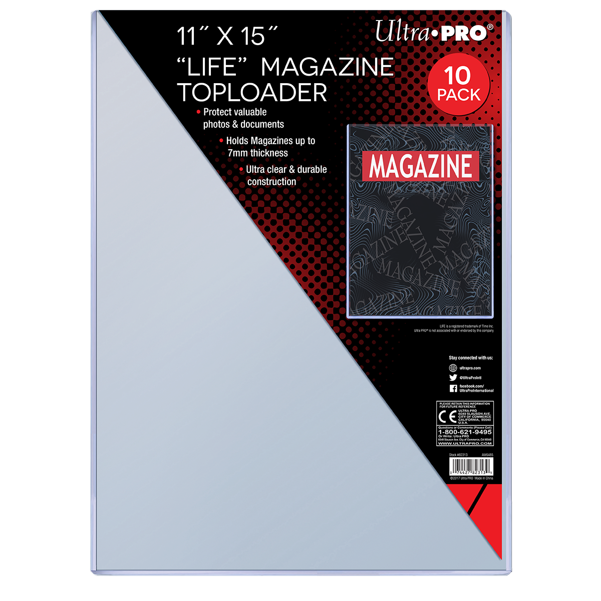 A clear Ultra PRO 11" x 15" "LIFE" Magazine Toploader 10 Pack.
