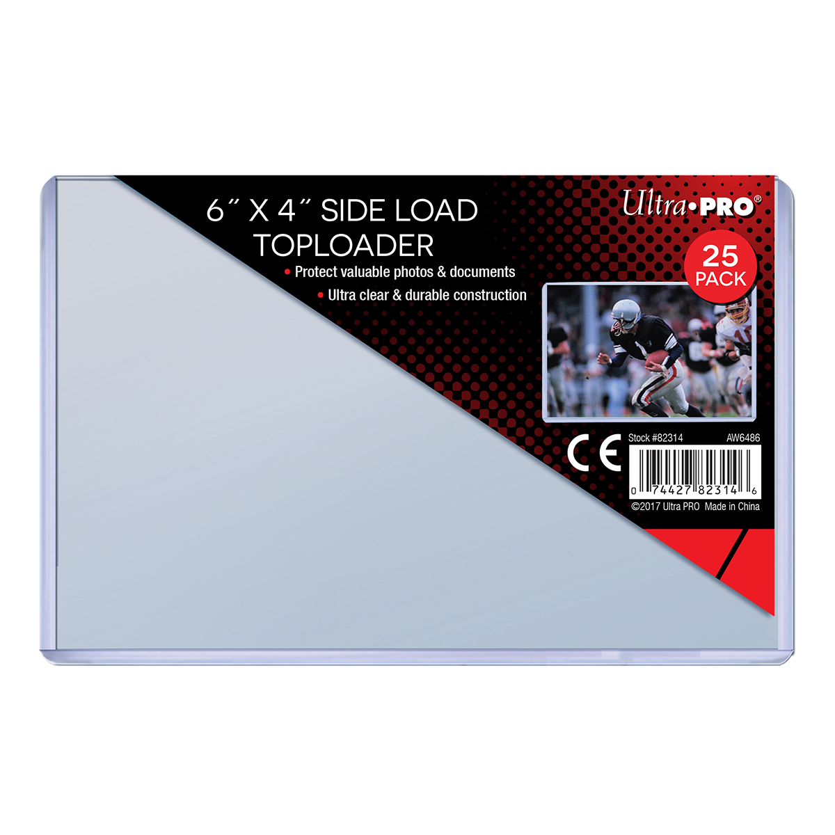 A clear 6" x 4" Side Load Toploader Sleeves. Brand: Ultra PRO, Item: 25 Pack.
