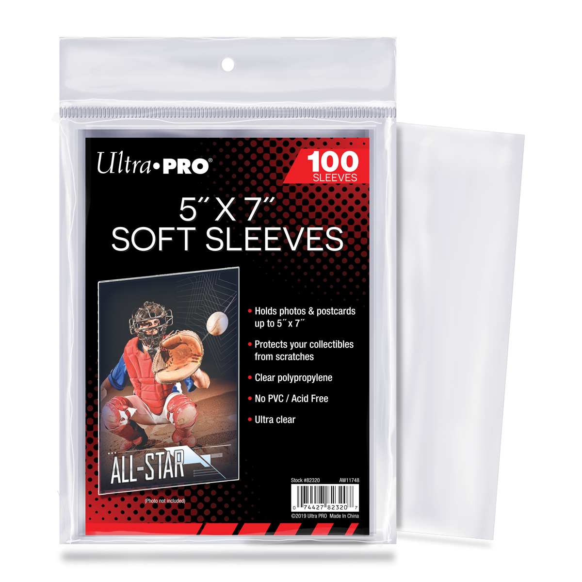 A clear Ultra PRO 5" x 7" Soft Sleeves (100ct) for photos and postcards.