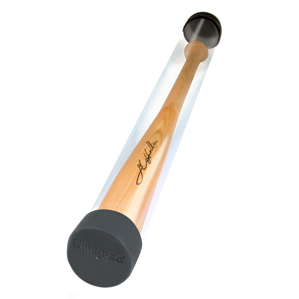 A clear plastic baseball bat tube with a gray Ultra PRO cap, featuring a wooden baseball bat with a signature inside. Brand: Ultra PRO, Item: Baseball Bat Tube.