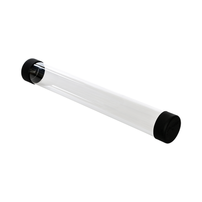 A clear plastic gaming playmat and artwork tube with black end caps. Brand: Unknown, Item: Gaming Playmat and Artwork Tube.