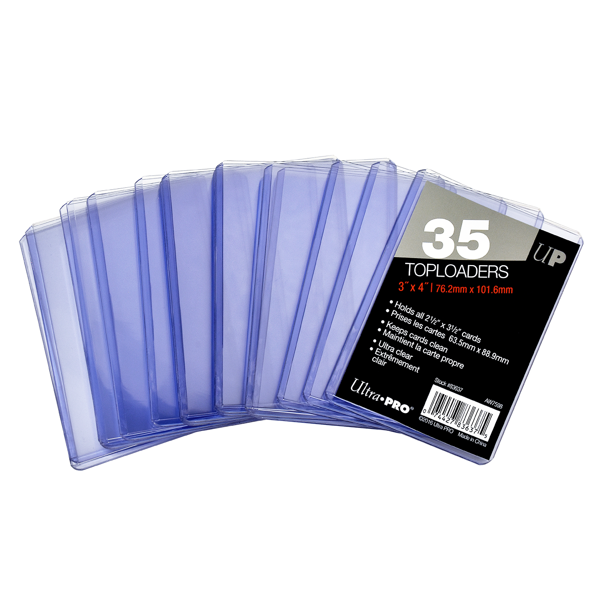 A fan of clear plastic 3" x 4" Toploaders. Brand: Ultra PRO, Item: 35 Toploaders