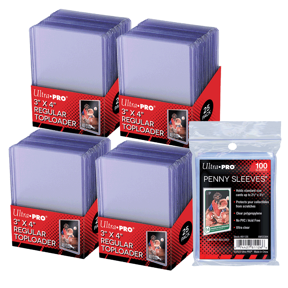 A clear Ultra PRO Toploader and Penny Sleeves bundle. Brand: Ultra PRO International, Item: 3" x 4" Clear Regular TOPLOADER® Sleeves and PENNY SLEEVES® Bundle (100ct).
