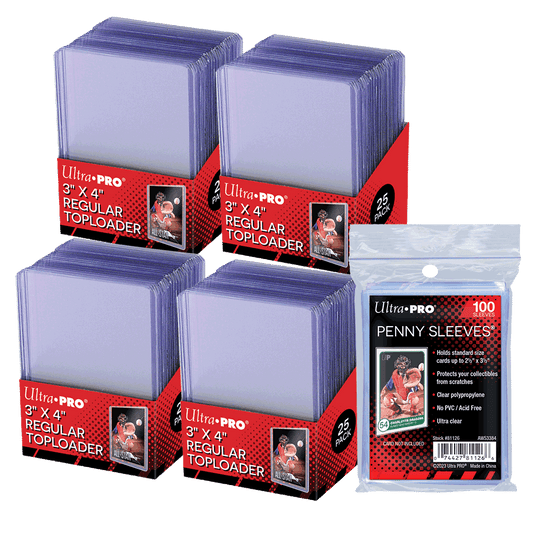 A clear Ultra PRO Toploader and Penny Sleeves bundle. Brand: Ultra PRO International, Item: 3" x 4" Clear Regular TOPLOADER® Sleeves and PENNY SLEEVES® Bundle (100ct).