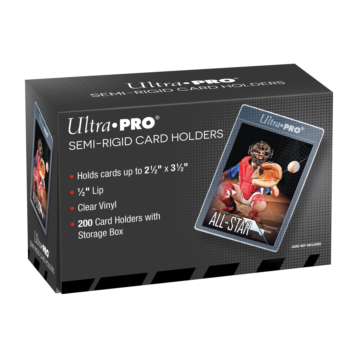 A black box of Ultra PRO Semi-Rigid Card Holders. Brand: Ultra PRO, Item: 1/2" Lip Semi-Rigid Card Holders (200ct) for Standard Size Cards