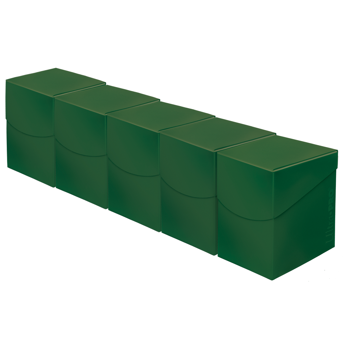 A Forest Green 5-pack of Eclipse Pro 100+ Deck Boxes. Brand: Ultra PRO, Item: ECLIPSE® PRO 100+ DECK BOX® 5 Set Bundle - Forest Green.