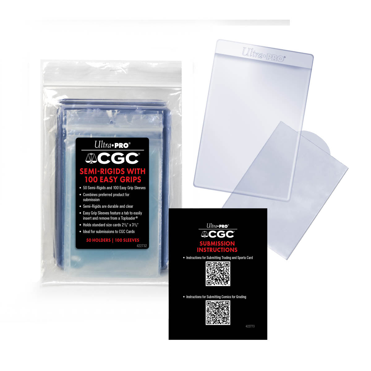 A clear CGC Card Submission Pack with 50 Semi-Rigids and 100 Easy Grip Sleeves. Brand: Ultra PRO, Item: CGC Card Submission Pack.