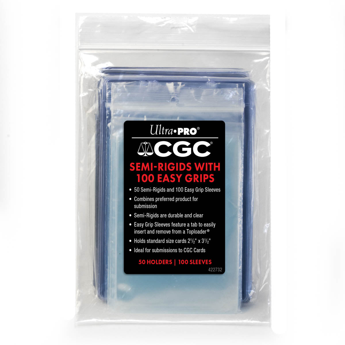A clear plastic bag containing Ultra PRO CGC Semi-Rigids with 100 Easy Grips. Brand: Ultra PRO, Item: CGC Card Submission Pack.
