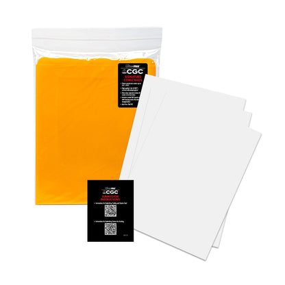 A clear bag with orange comic bags and white backing boards. Brand: Ultra PRO, Item: CGC Signature Series Comics Bags and Boards