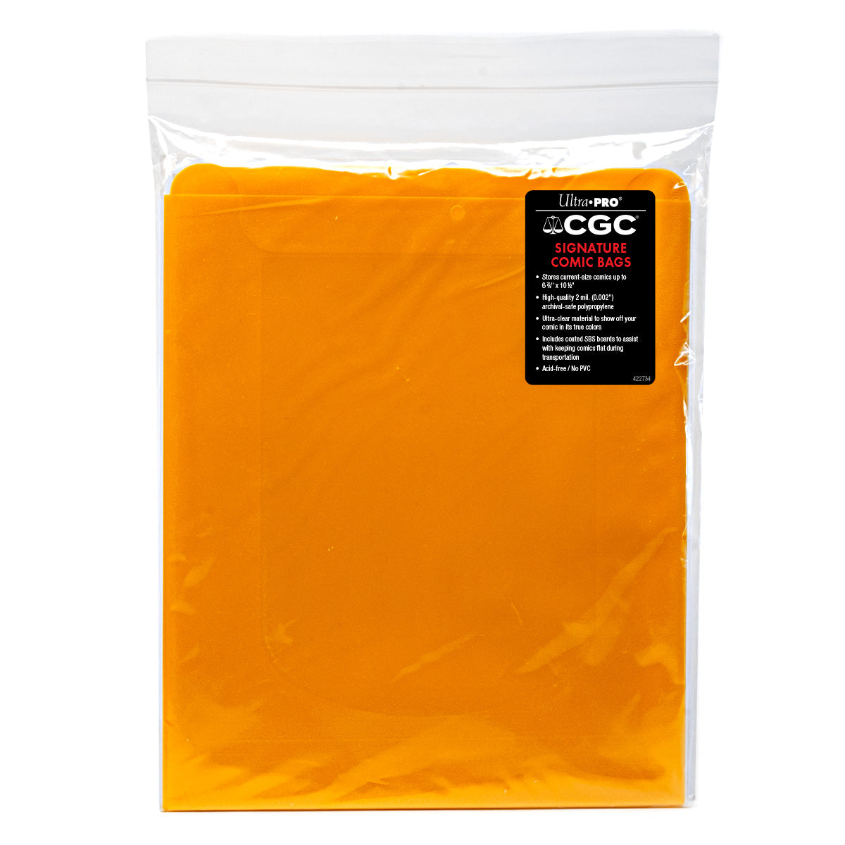 A clear plastic bag containing orange comic book sleeves. Brand: CGC, Item: Signature Series Comics Bags and Boards.