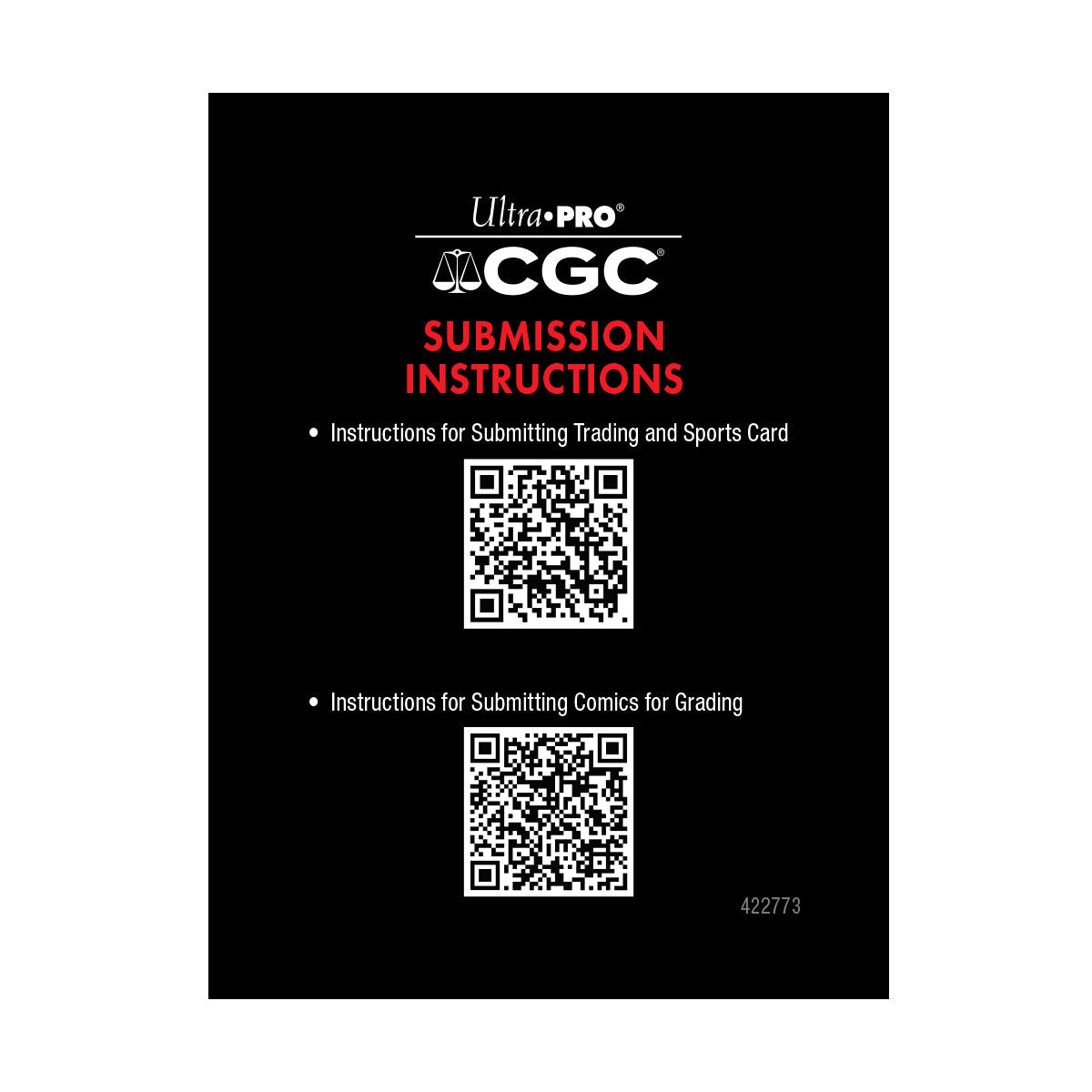 A black document with CGC Submission Instructions for Trading Cards and Comics. Brand: Ultra-Pro, Item: CGC Submission Instructions.