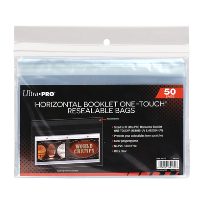 A clear resealable bag for Horizontal Booklet ONE-TOUCH holders. Brand: Ultra PRO, Item: Horizontal Booklet ONE-TOUCH Resealable Bags (50ct)