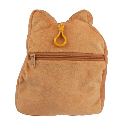 A brown plush DOGE® coin pouch with a zipper and yellow clip. Brand: nan, Item: DOGE® Cozy with Zippered Pouch.