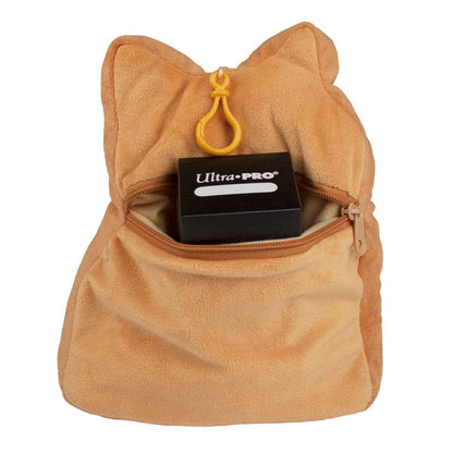 A tan plush dog-shaped pouch with a zippered pocket containing an Ultra-Pro black box. Item: DOGE® Cozy with Zippered Pouch.