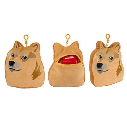 A tan Doge plush with a zippered pouch. Item: DOGE® Cozy with Zippered Pouch.