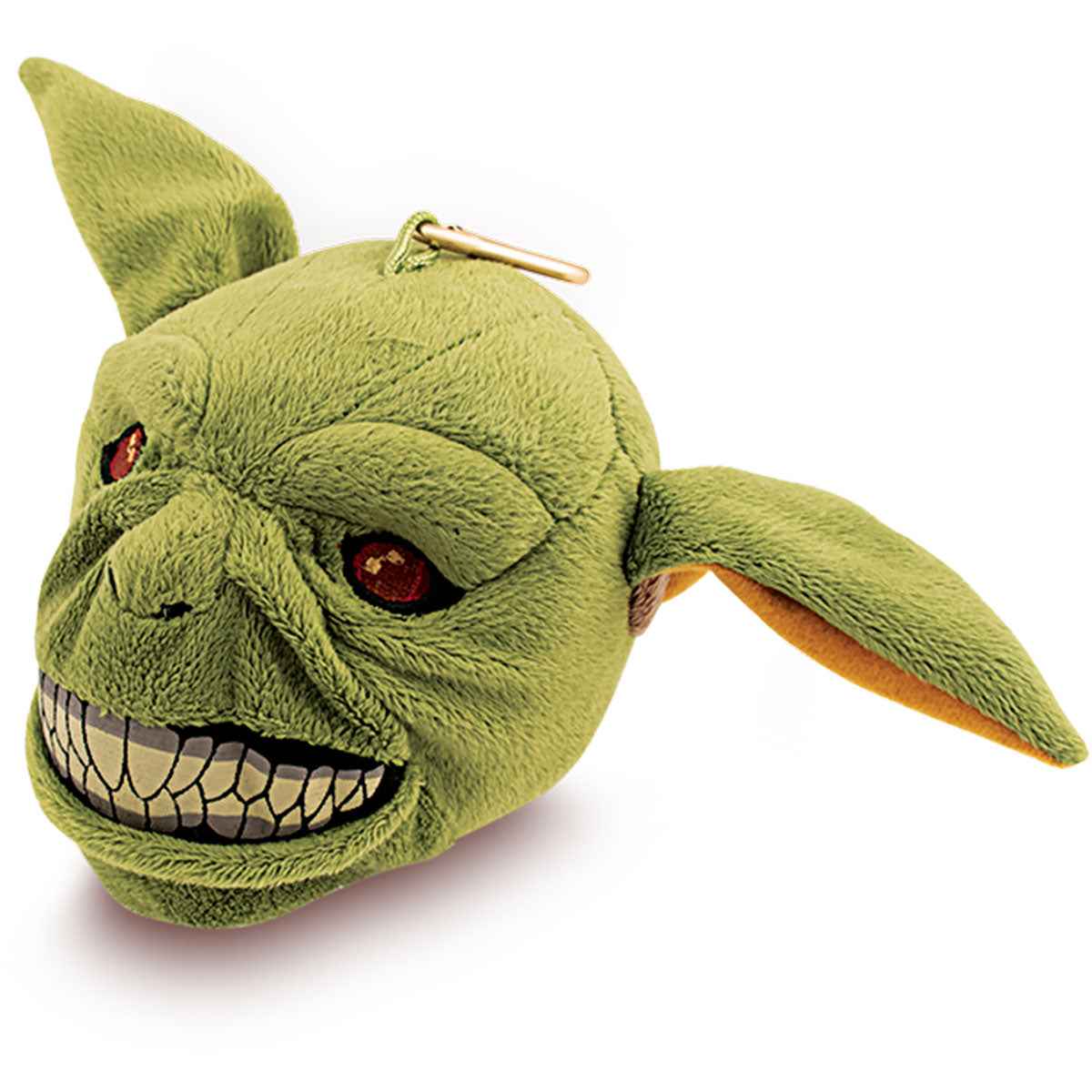 A green plush goblin head pouch. Brand: Ultra PRO, Item: Goblin Gamer Pouch for Pathfinder Adventure Card Game.