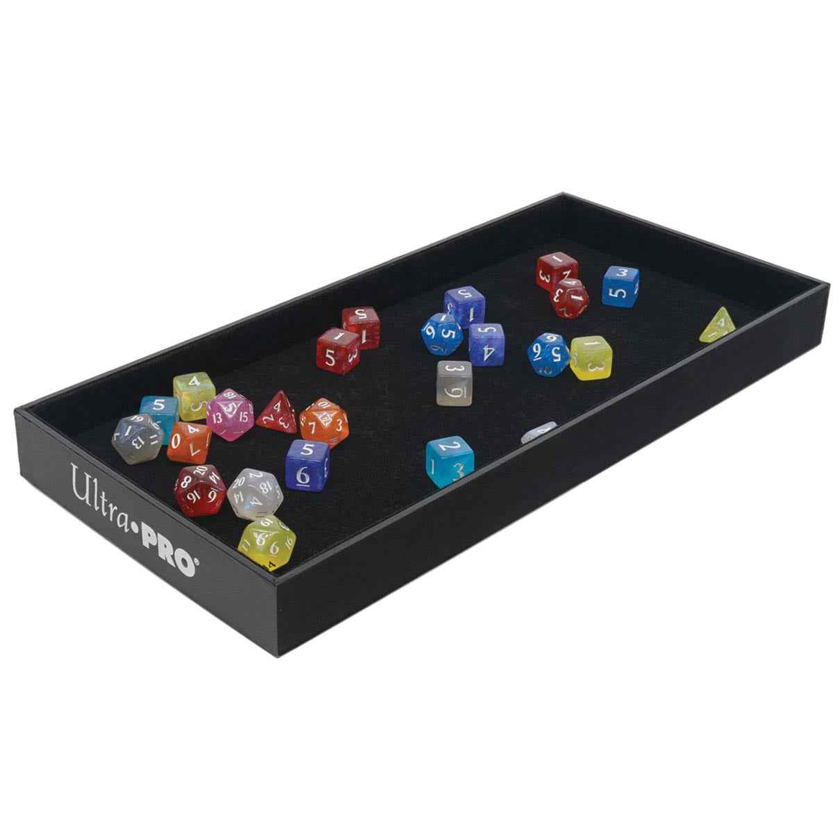 A black dice rolling tray with various polyhedral dice. Brand: Ultra PRO.