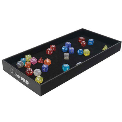 A black dice rolling tray with various polyhedral dice. Brand: Ultra PRO.