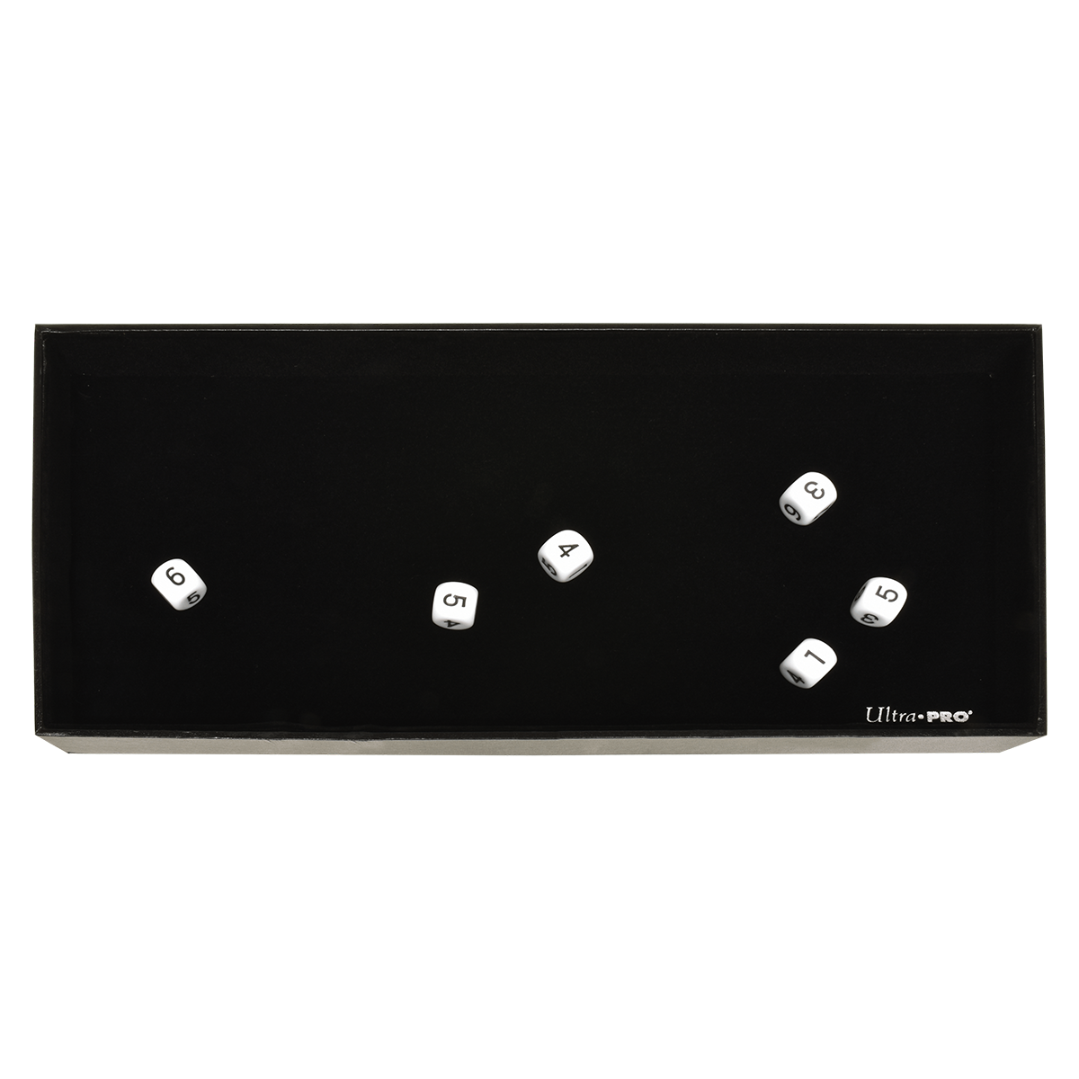 A black dice rolling tray with seven white dice showing numbers 1, 3, 4, 5, 5, 6, and 6. Brand: Ultra-Pro.