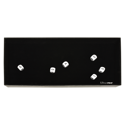 A black dice rolling tray with seven white dice showing numbers 1, 3, 4, 5, 5, 6, and 6. Brand: Ultra-Pro.