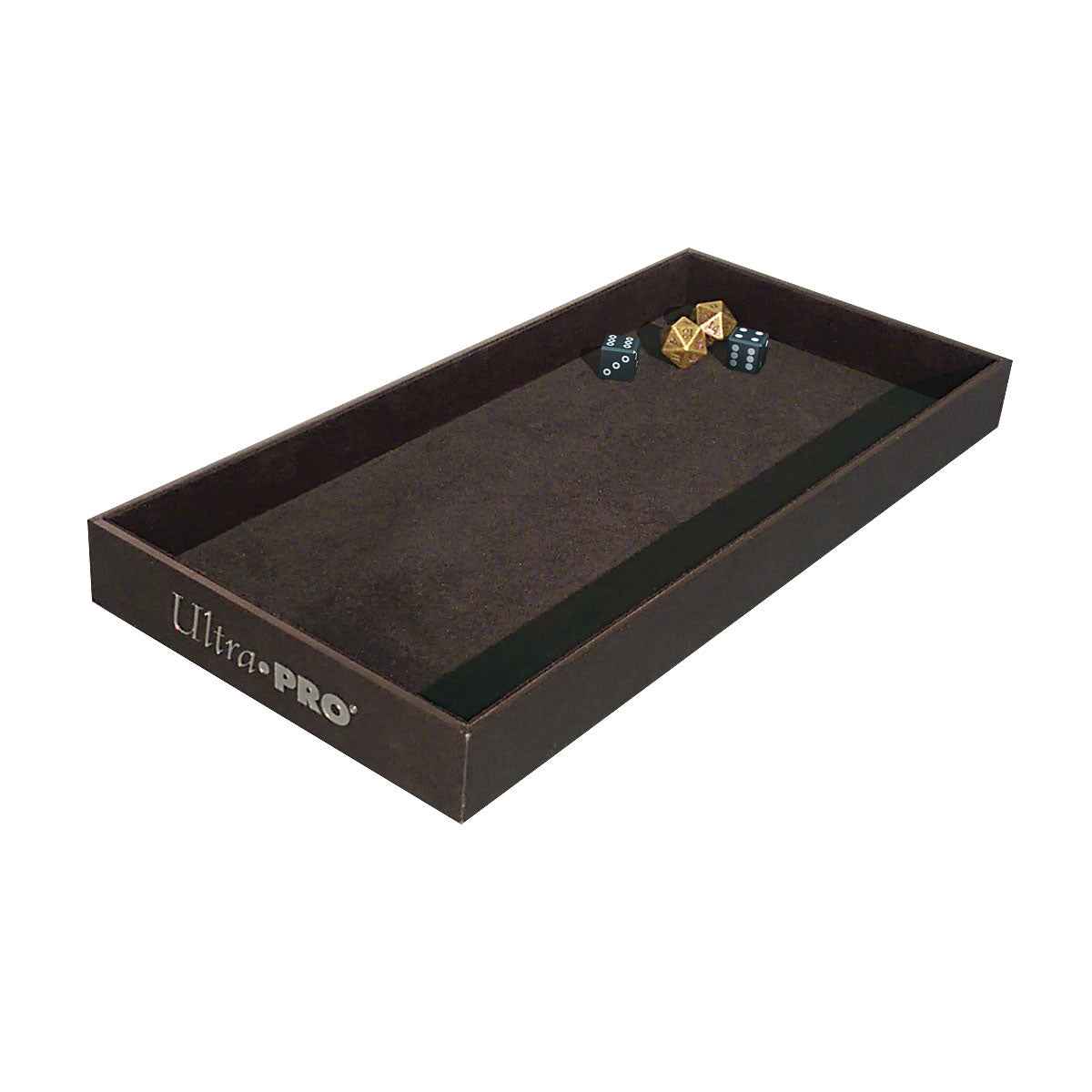 A dark brown Ultra PRO Dice Rolling Tray with two gold and two black dice.