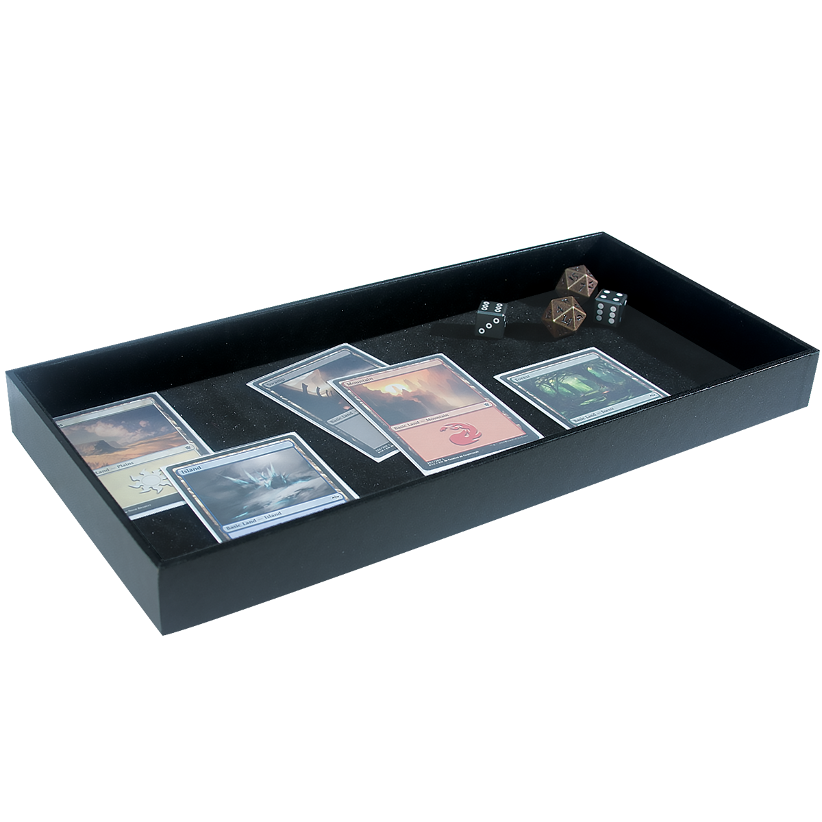 A black dice rolling tray with Magic: The Gathering cards and dice. Brand: nan, Item: Dice Rolling Tray.