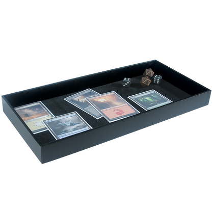 A black dice rolling tray with Magic: The Gathering cards and dice. Brand: nan, Item: Dice Rolling Tray.