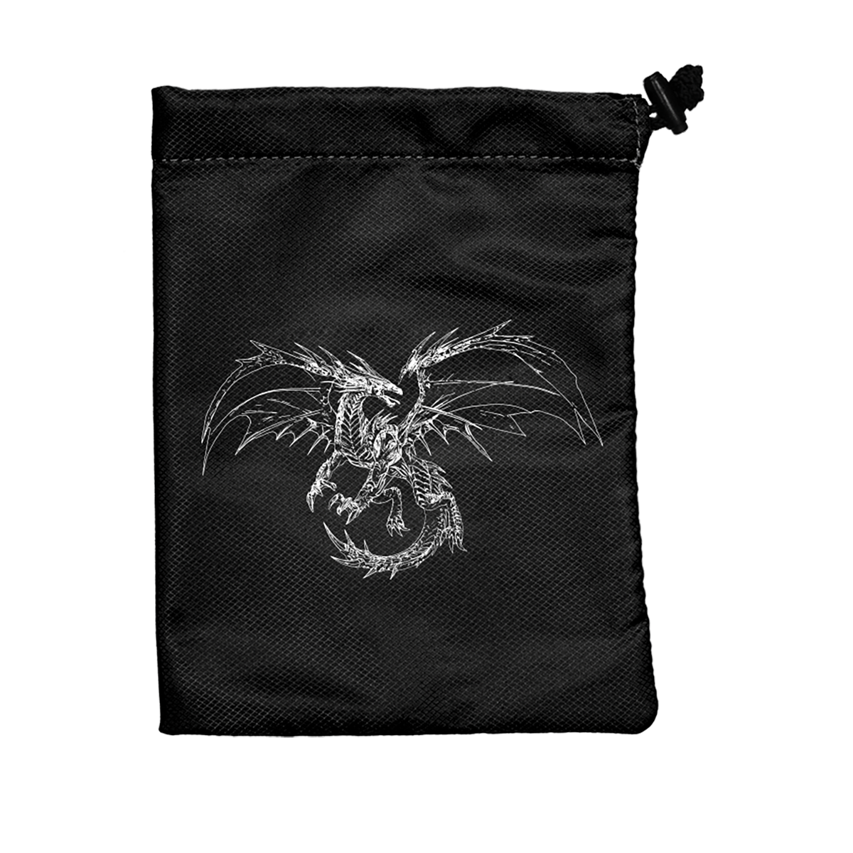 A black drawstring bag with a white dragon illustration. Brand: Ultra PRO, Item: Black Dragon Treasure Nest.