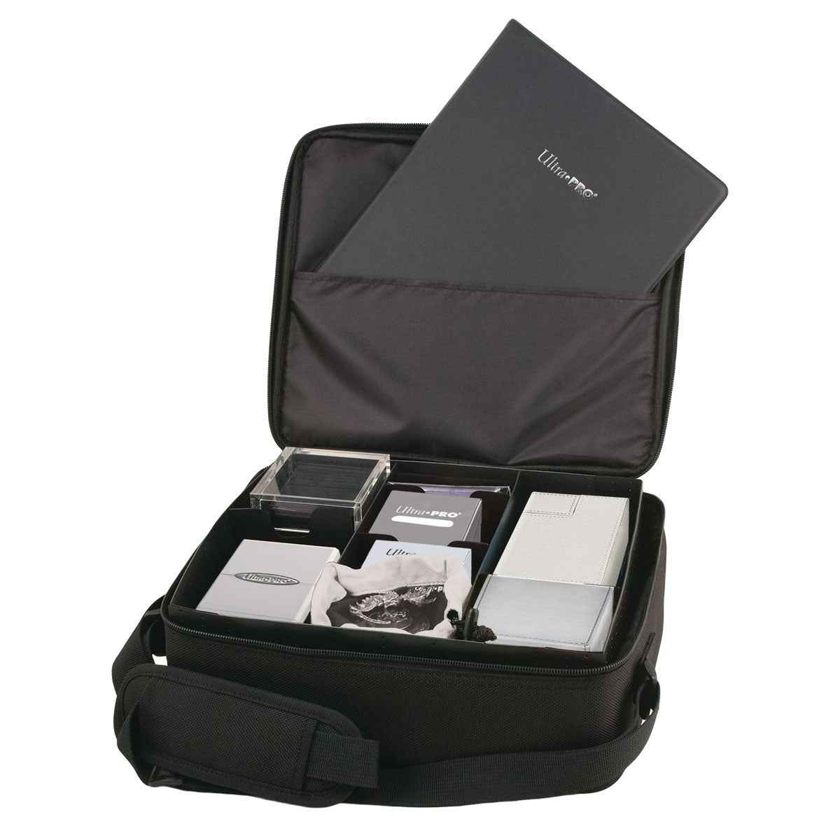 A black Ultra PRO Deluxe Gaming Case with black trim, featuring compartments for cards and accessories.