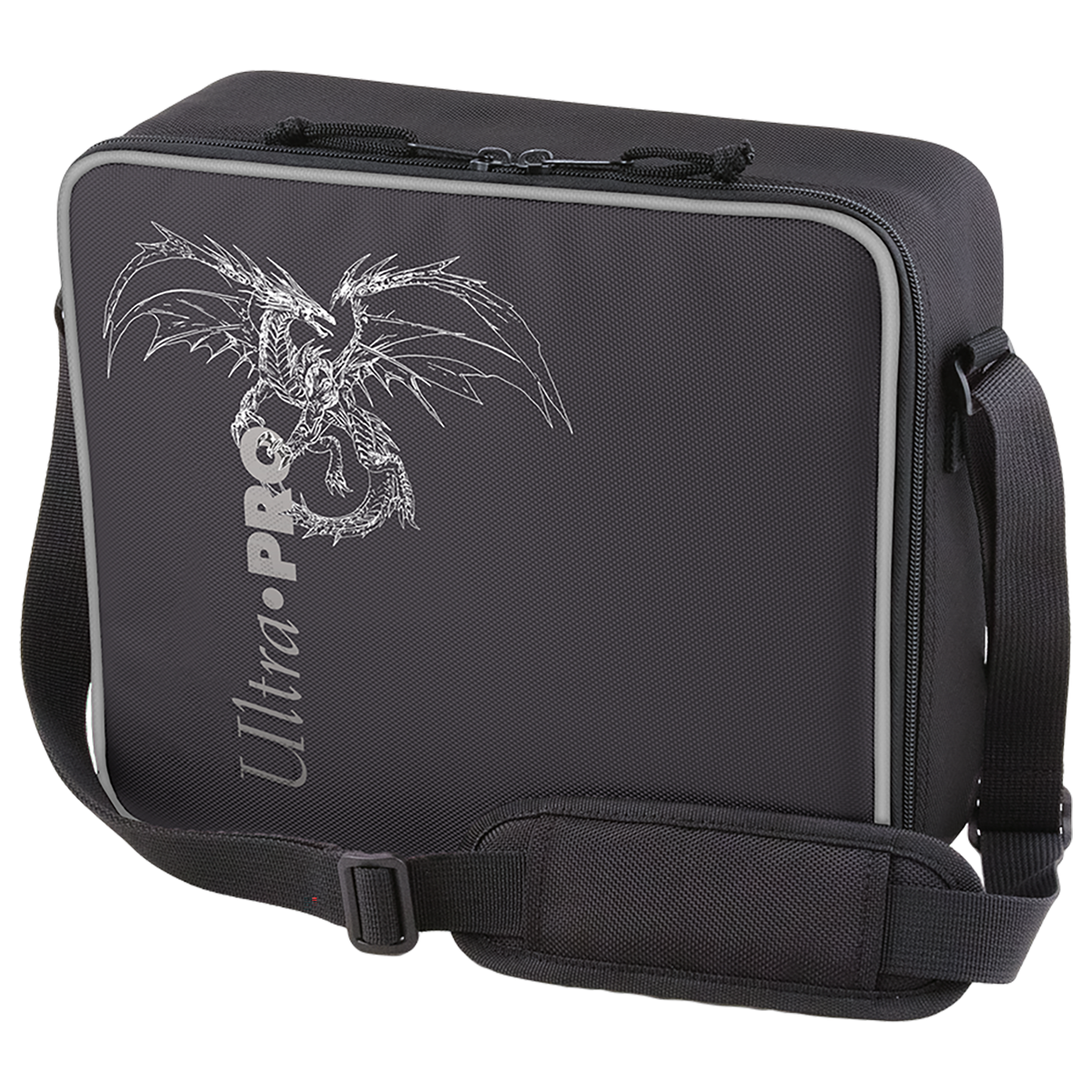 A black Ultra PRO Deluxe Gaming Case with a silver dragon design and silver trim.